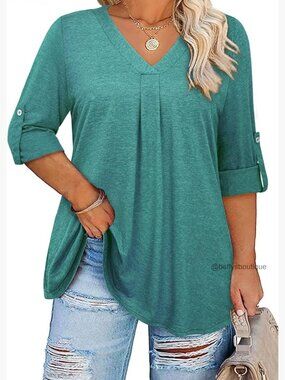 Plus Size Tunic Top 3/4 Sleeve V Neck Blouse Flowy Casual Shirt